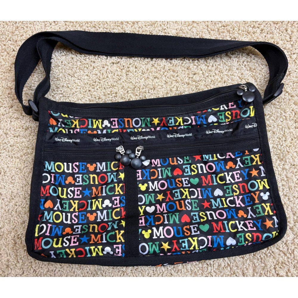 Walt Disney World Mickey Mouse Crossbody Bag Black Multi Color Logo Nylon Zip